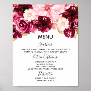 Burgund & Rosa Florales Hochzeitsmenü-Tischschild Poster