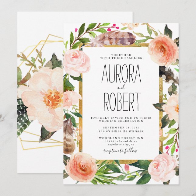 Burgund Rosa Pfirsich Gold Floral Boho Hochzeit Einladung (Vorne/Hinten)