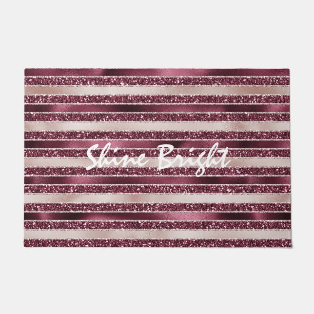 Burgund Rosa Rose Gold Glitzer Streifen Fußmatte (Vorderseite)