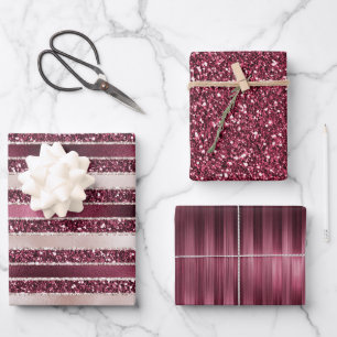 Burgund Rosa Rose Gold Glitzer Streifen Geschenkpapier Set
