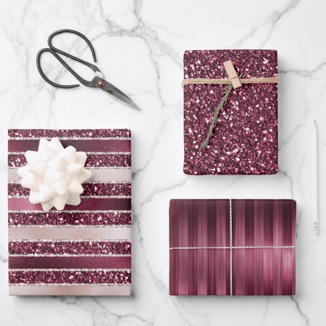 Burgund Rosa Rose Gold Glitzer Streifen Geschenkpapier Set (Vorderseite)