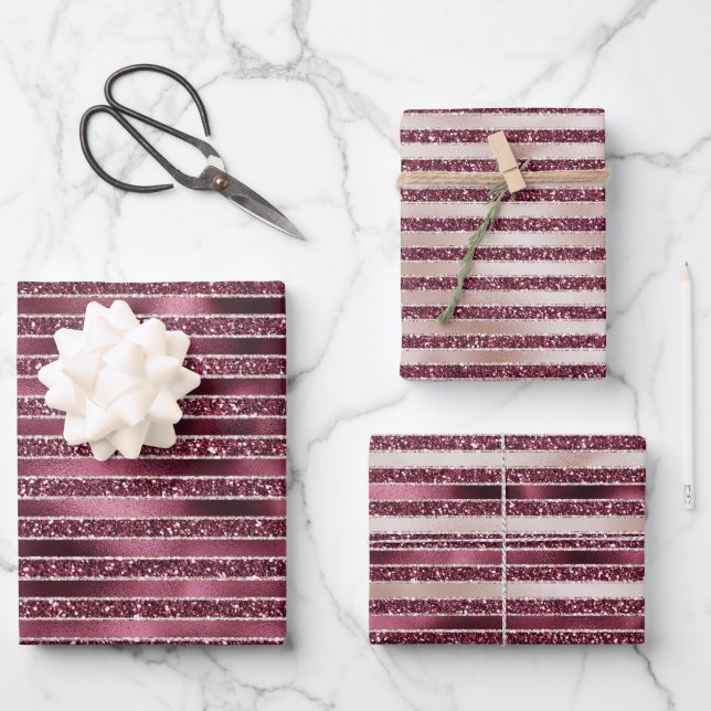 Burgund Rosa Rose Gold Glitzer Streifen Geschenkpapier Set (Vorderseite)