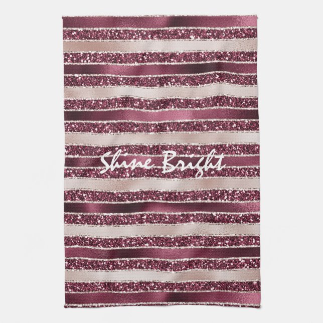 Burgund Rosa Rose Gold Glitzer Streifen Geschirrtuch (Vertikal)