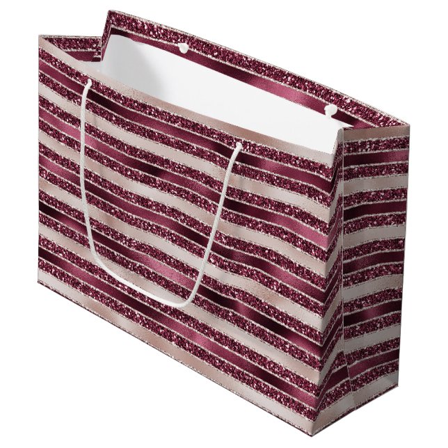 Burgund Rosa Rose Gold Glitzer Streifen Große Geschenktüte (Vorderseite Schrägansicht)