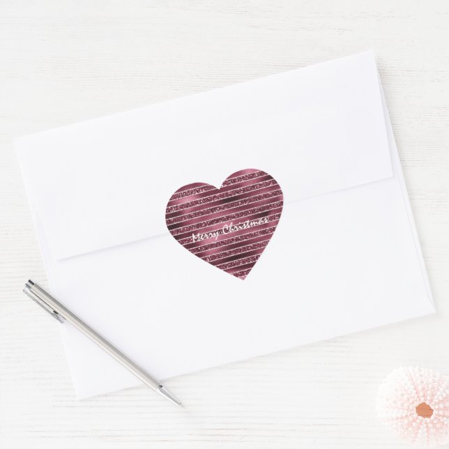 Burgund Rosa Rose Gold Glitzer Streifen Herz-Aufkleber (Umschlag)