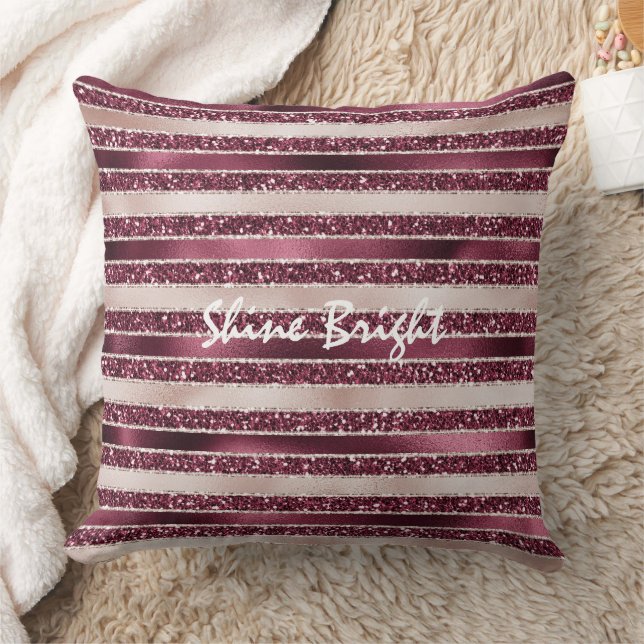 Burgund Rosa Rose Gold Glitzer Streifen Kissen (Decke)
