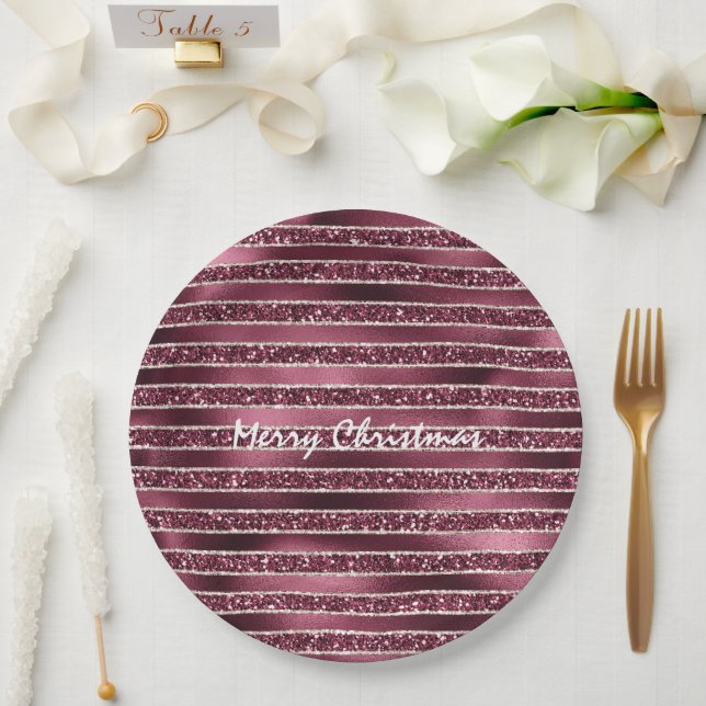 Burgund Rosa Rose Gold Glitzer Streifen Pappteller (Hochzeit)