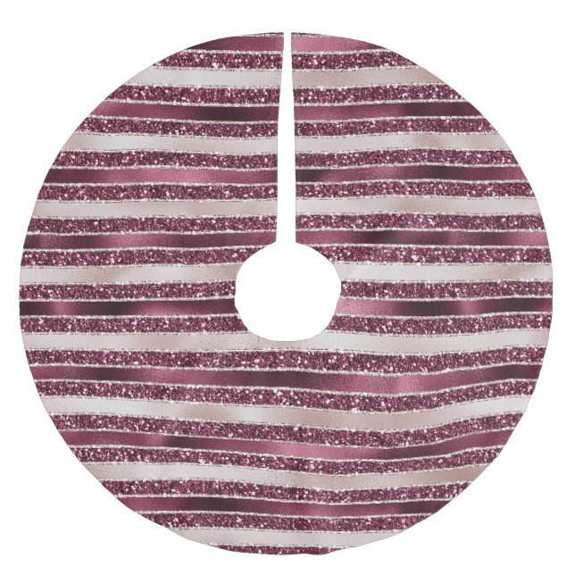 Burgund Rosa Rose Gold Glitzer Streifen Polyester Weihnachtsbaumdecke (Vorderseite)