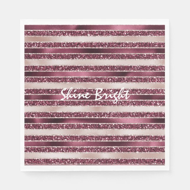 Burgund Rosa Rose Gold Glitzer Streifen Serviette (Vorderseite)