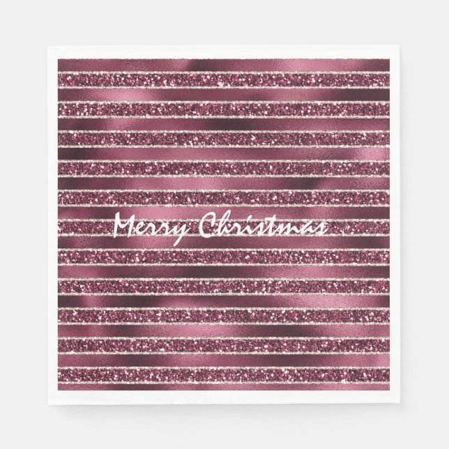 Burgund Rosa Rose Gold Glitzer Streifen Serviette (Vorderseite)