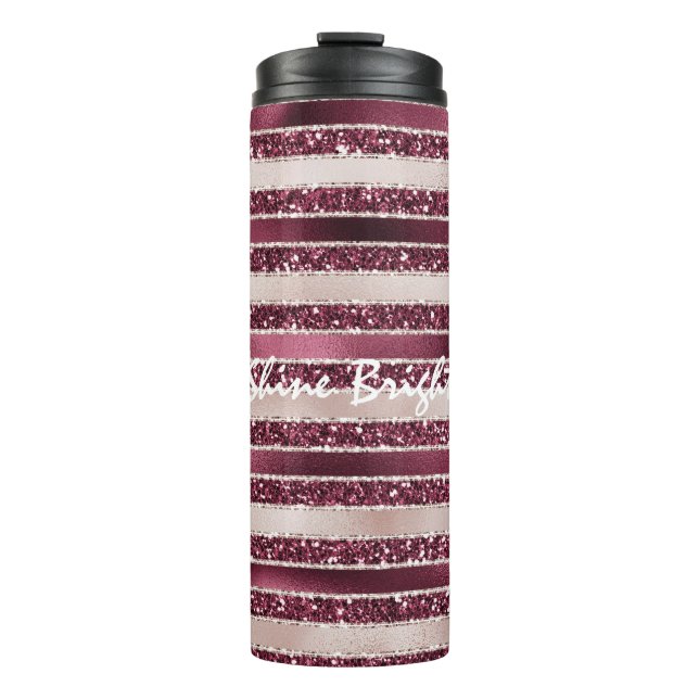 Burgund Rosa Rose Gold Glitzer Streifen Thermosbecher (Vorderseite)