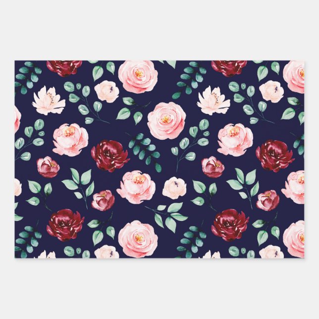 Burgund rosa Rosen Papier Flachpapier Set 3 (Vorderseite)