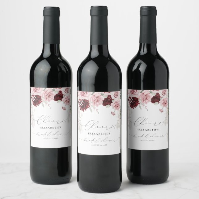 Burgund Rosa Roses Brautparty Weinetikett (Flaschen)