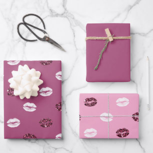 Burgund Rosa Rot Glitter Weiß Küsse Lippen Geschenkpapier Set