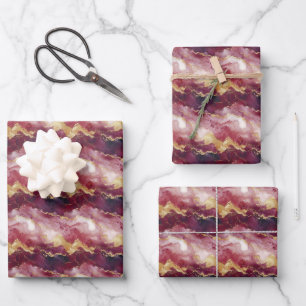 Burgund, Rosa und Gold-Marmor Geschenkpapier Set