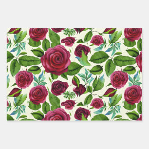 Burgund-Rose Blumendruck Geschenkpapier Set