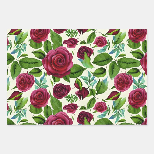 Burgund-Rose Blumendruck Geschenkpapier Set (Vorderseite)