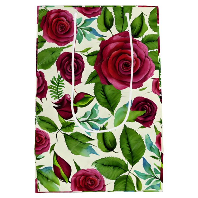 Burgund-Rose Blumendruck Mittlere Geschenktüte (Rückseite)