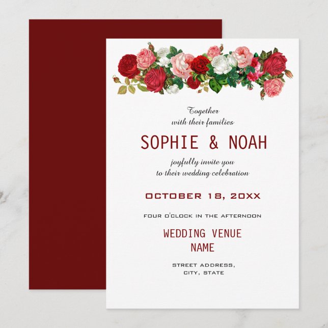 Burgund Rose Blumengarten Blume Hochzeit Einladung (Vorne/Hinten)