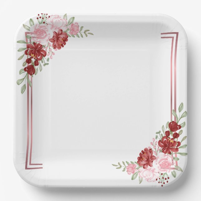 Burgund & Rose Blumenhochzeit Pappteller (Vorderseite)