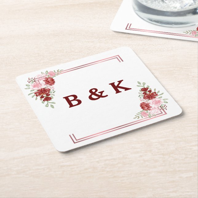 Burgund & Rose Blumenhochzeit Rechteckiger Pappuntersetzer (angewinkelt)