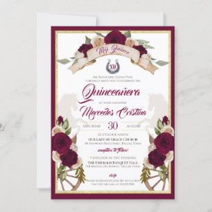 Burgund Rose Blumenkohl Western Charro Quinceanera Einladung