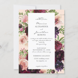 Burgund & Rosé Blumige Hochzeit auf Rosa Einladung