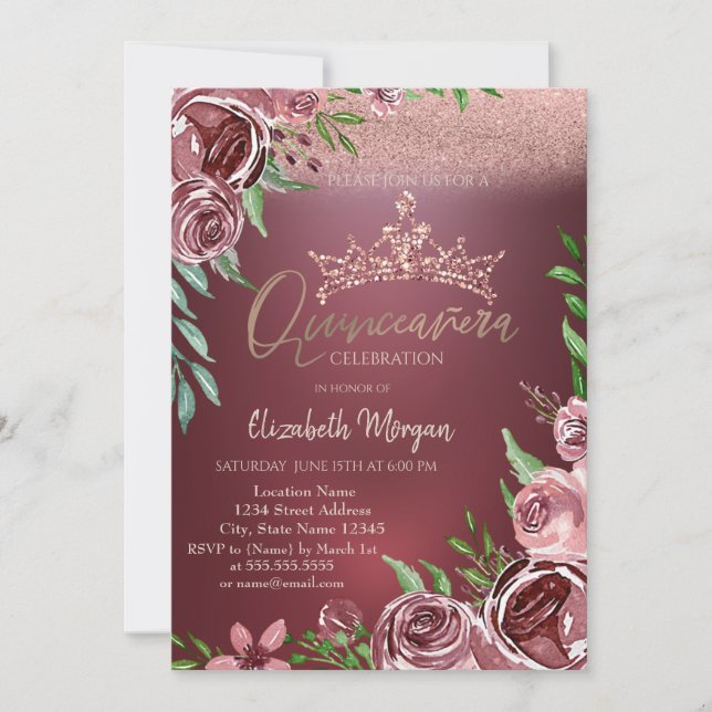 Burgund-Rose, Crown Bokeh Quinceañera Einladung (Vorderseite)