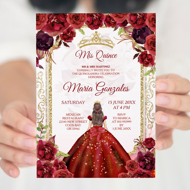 Burgund Rose & Dress Girl Charra Mis Quince Einladung (Von Creator hochgeladen)