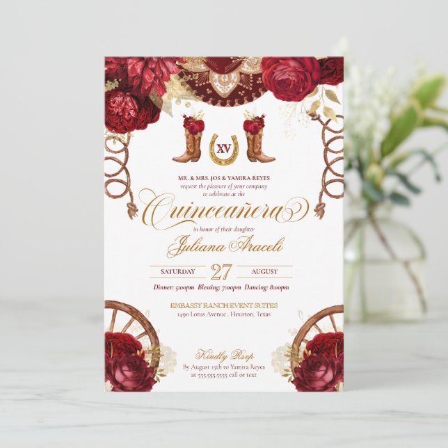 Burgund Rose Elegante Charro Western Quinceanera Einladung (Stehend Vorderseite)