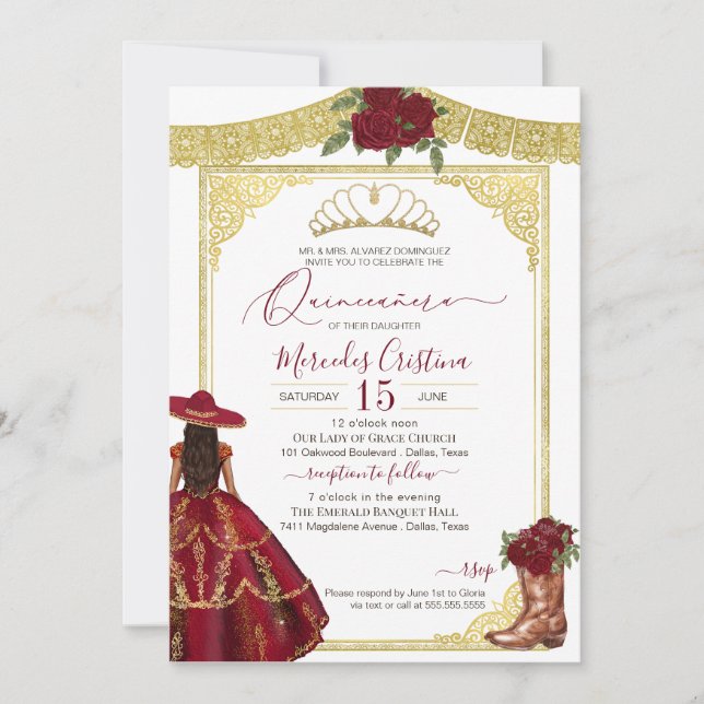Burgund Rose Eleganter Western Charro Quinceanera Einladung (Vorderseite)