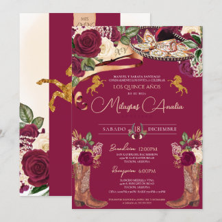 Burgund Rose Extravagant Mariachi Charro Quinceane Einladung