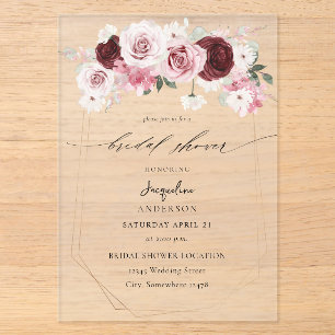 Burgund & Rosé Floral Ele 6 Brautparty 3 Acryleinladungen