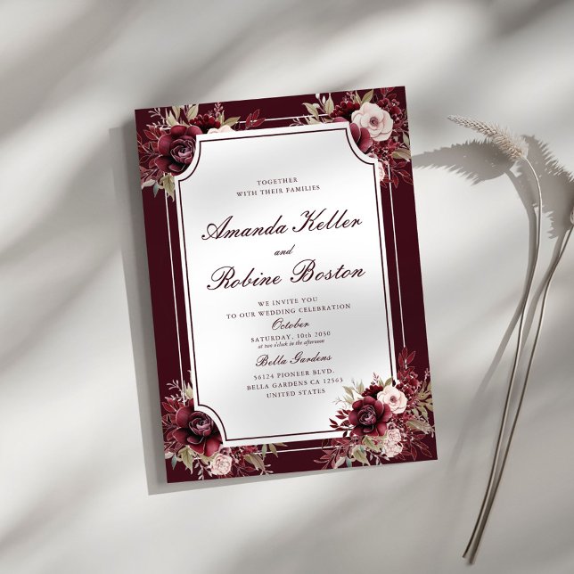 Burgund Rose Floral Elegantes Hochzeitsfest Einladung (Von Creator hochgeladen)