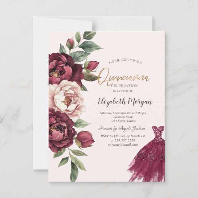 Burgund-Rose, Glitzer-Kleid Quinceanera Einladung (Vorderseite)