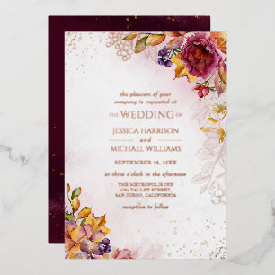 Burgund Rose Gold Blumenfarben Hochzeit im Herbst Folieneinladung