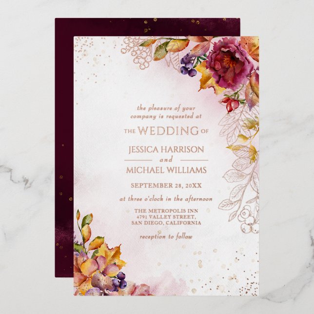 Burgund Rose Gold Blumenfarben Hochzeit im Herbst Folieneinladung (Vorderseite/Rückseite)
