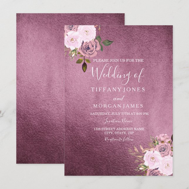 Burgund & Rose Gold Floral Wedite Einladung (Vorne/Hinten)