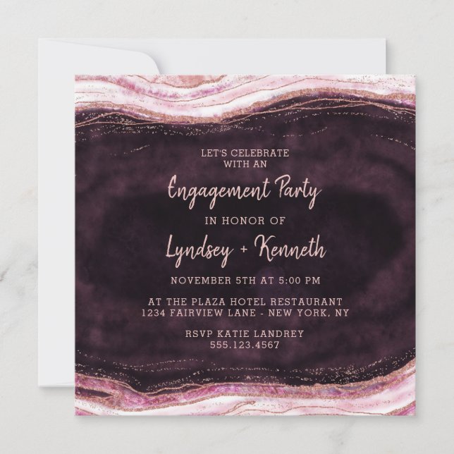 Burgund & Rose Gold Geode Agate Engagement Party Einladung (Vorderseite)