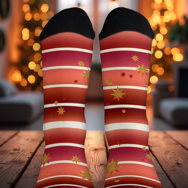 Burgund Rose Gold gestreifte Sterne Socken (Christmas socks in burgundy and ivory colors with tiny rose gold lines and stars)