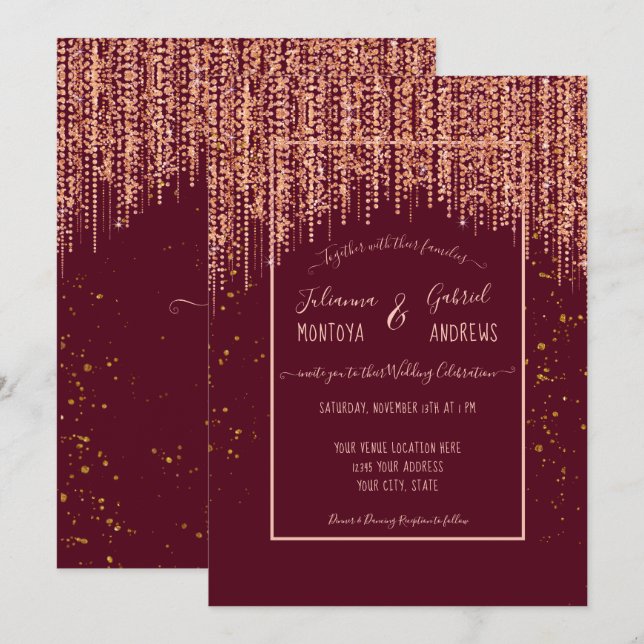 Burgund Rose Gold Glitzer Confetti Hochzeit Einlad Einladung (Vorne/Hinten)