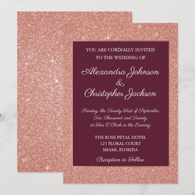 Burgund & Rose Gold Glitzer und Sparkle Wedding Einladung (Vorne/Hinten)