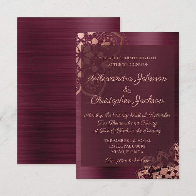Burgund & Rose Gold Mandala Hochzeit Einladung (Vorne/Hinten)