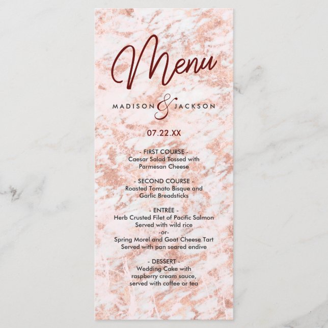 Burgund & Rose Gold marmorierte moderne Hochzeitsm Menükarte (Vorderseite)