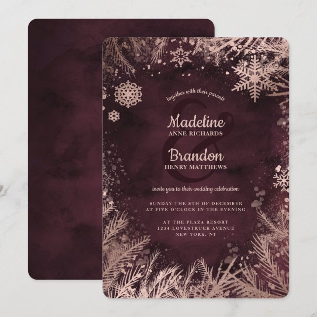 Burgund & Rose Gold Snowflakes Hochzeit Einladung (Vorne/Hinten)
