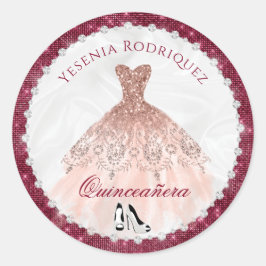 Burgund Rose Gold Sparkle Glam Quinceañera Runder Aufkleber