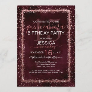Burgund Rose Gold Sprinkled Confetti Quinceañera Einladung