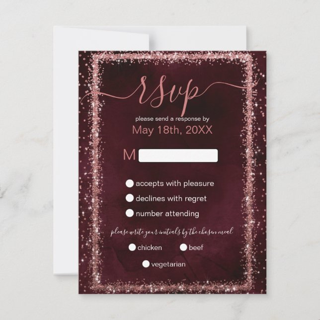 Burgund Rose Gold Sprinkled Confetti Wedding RSVP Karte (Vorderseite)