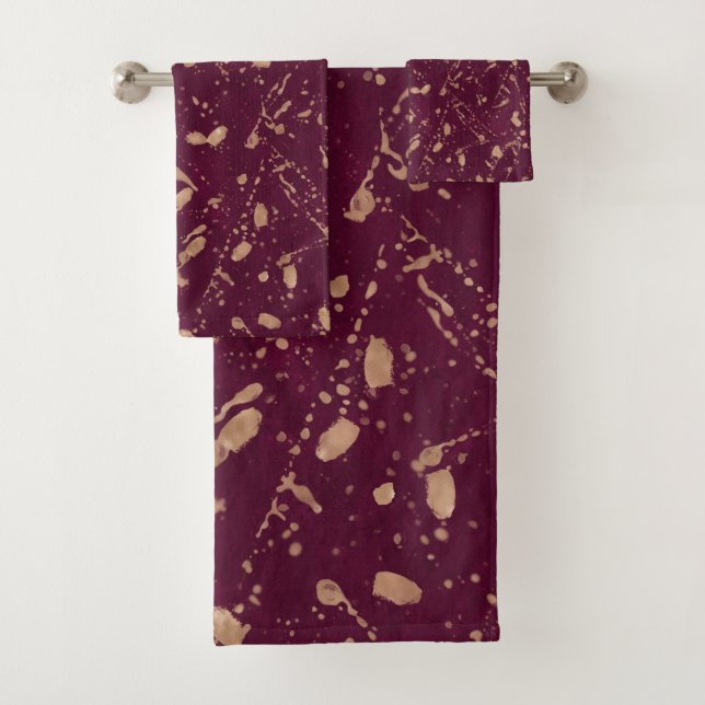 Burgund & Rose Gold Spritzer Moderne Abstrakte Kun Badhandtuch Set (Insitu)