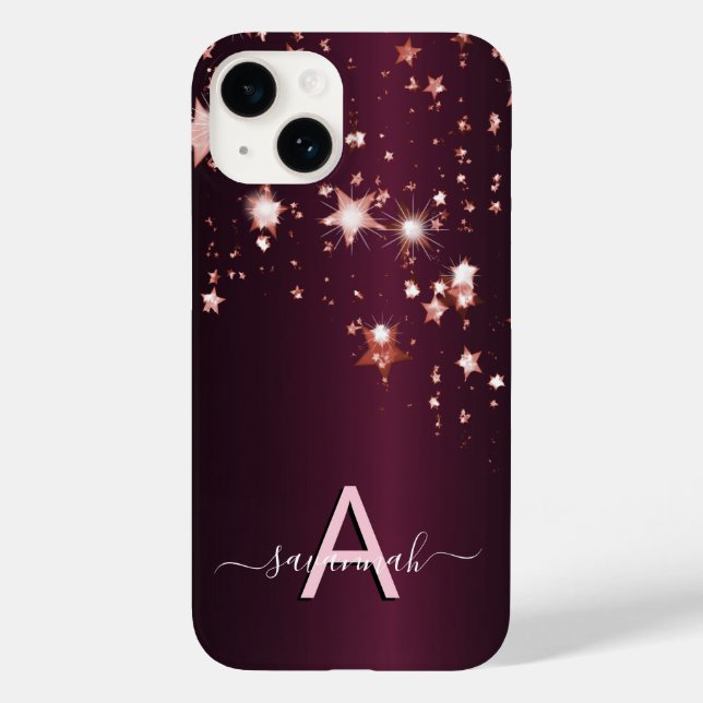 Burgund Rose Goldsterne monogramm mädchisch Case-Mate iPhone 14 Hülle (Rückseite)